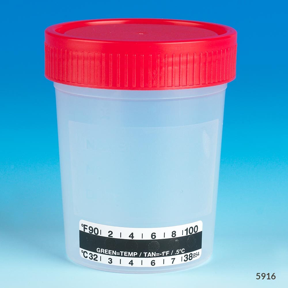 Globe Scientific Specimen Container, 4oz, with Attached Thermometer Strip, Separate 1/4-Turn Red Screwcap, Non-Sterile, PP, Graduated, Bulk Image